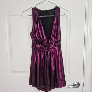 Lulus Metallic Magenta Romper XS | Shiny Pleated Fit & Flare | Deep V Neck Party